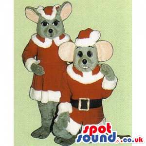 Grey Mouse Animal Couple Mascot Wearing Christmas Clothes -