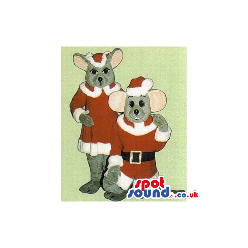 Grey Mouse Animal Couple Mascot Wearing Christmas Clothes -