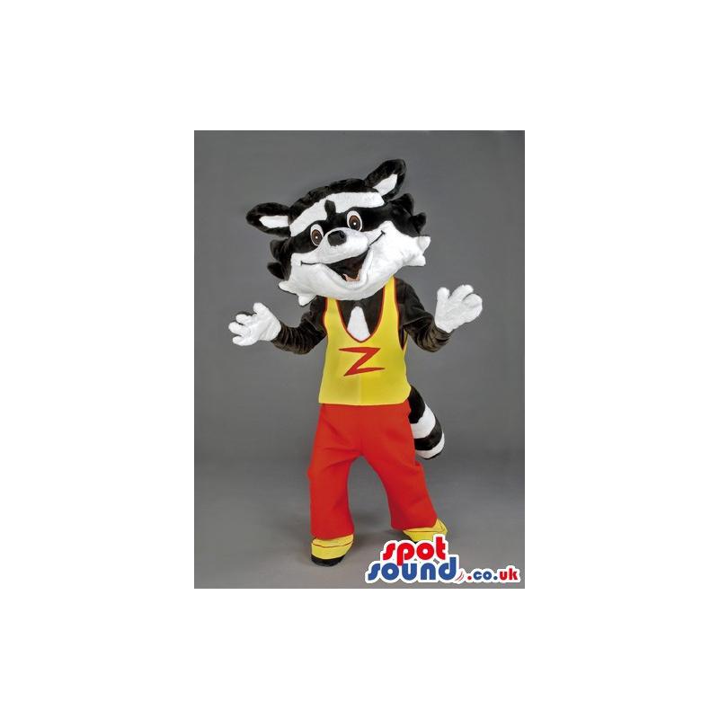 Smiling cat mascot in red pants and in yellow arm cut - Custom