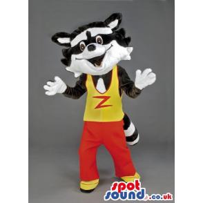 Smiling cat mascot in red pants and in yellow arm cut - Custom