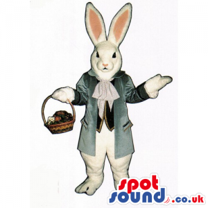 Customizable White Rabbit Mascot Wearing A Jacket With A Basket