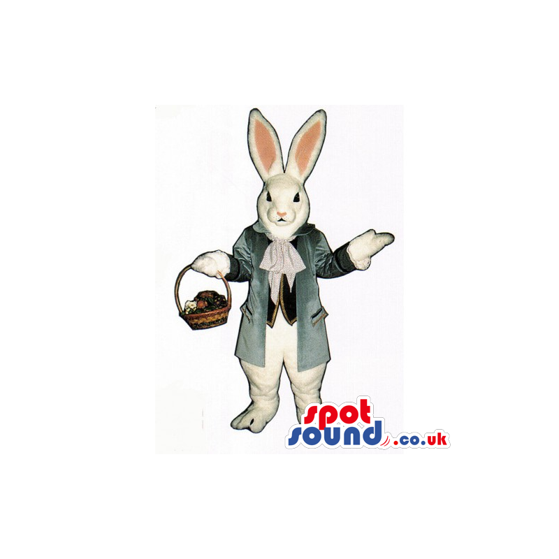 Customizable White Rabbit Mascot Wearing A Jacket With A Basket