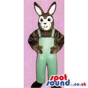 Brown Rabbit Mascot With A White Face Wearing Overalls - Custom