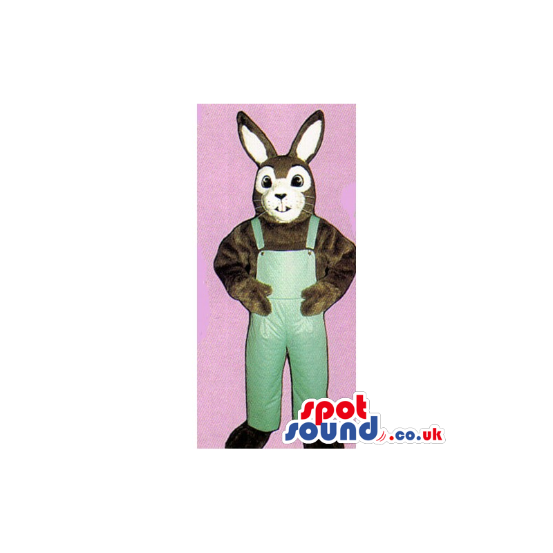 Brown Rabbit Mascot With A White Face Wearing Overalls - Custom