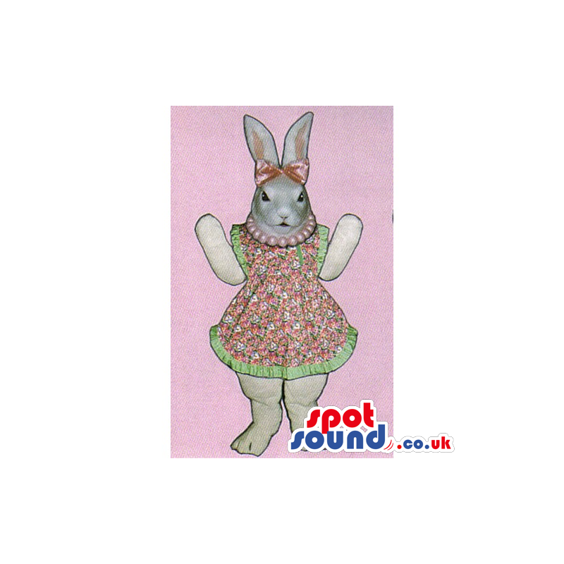 Customizable White Rabbit Mascot Wearing A Dress And Necklace -