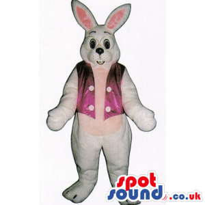 White Rabbit Mascot With Glasses, A Pink Belly And Vest -