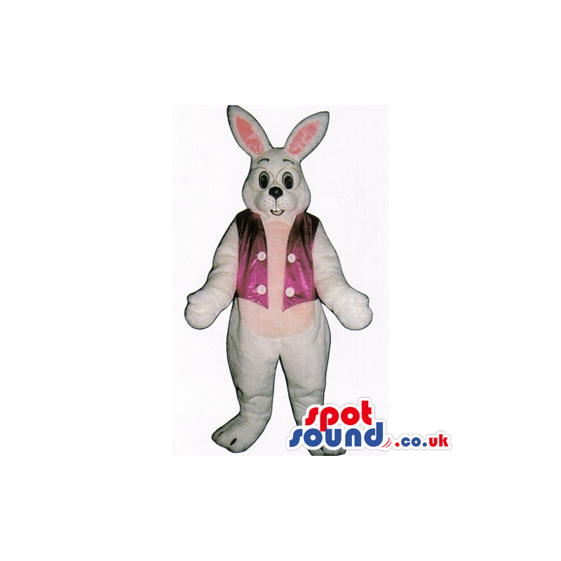 White Rabbit Mascot With Glasses, A Pink Belly And Vest -