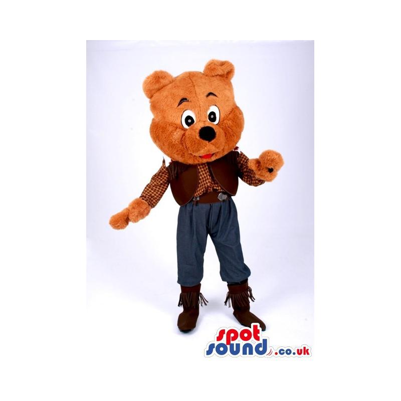 Happy brown colour teddy bear mascot with waving hand to greet