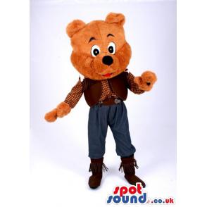 Happy brown colour teddy bear mascot with waving hand to greet