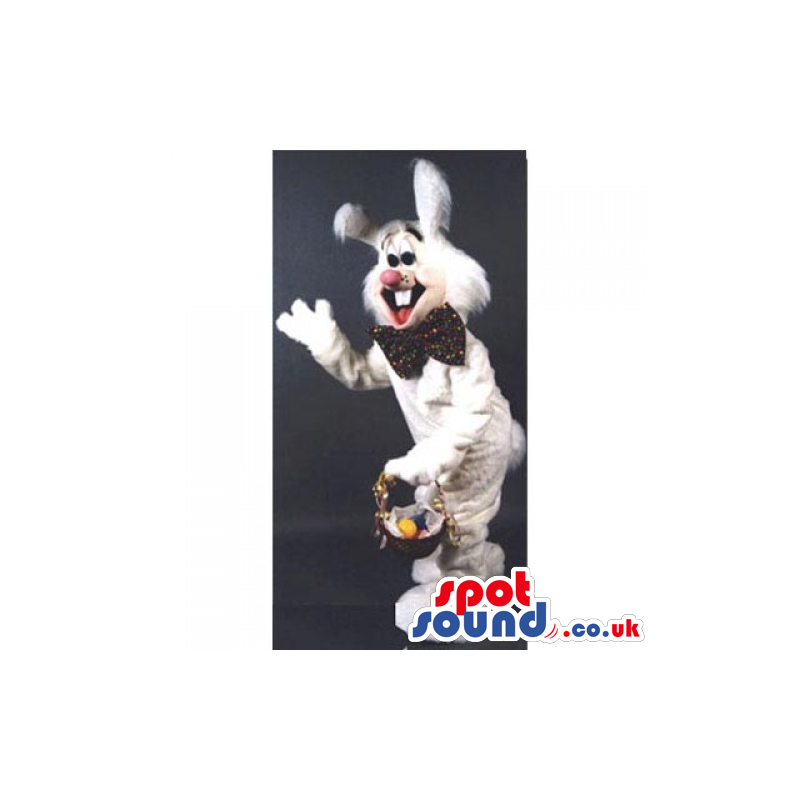 Customizable White Rabbit Mascot With A Bow Tie And Basket -