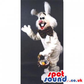 Customizable White Rabbit Mascot With A Bow Tie And Basket -