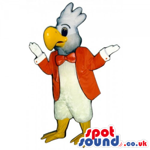 White Eagle Bird Mascot Wearing A Red Jacket And Bow Tie -