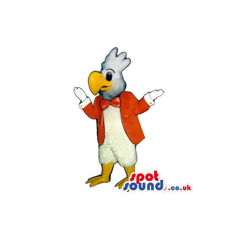 White Eagle Bird Mascot Wearing A Red Jacket And Bow Tie -