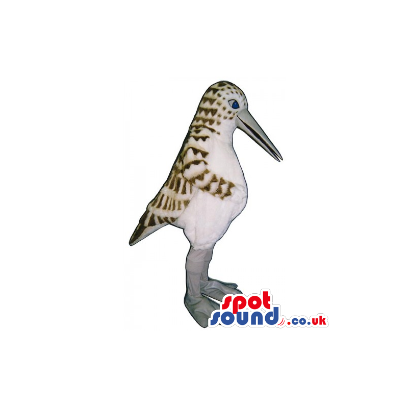Customizable White Bird Mascot With Brown Pattern And A Long