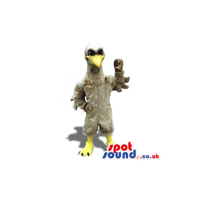 Customizable Grey Bird Mascot With Funny Smile And Yellow Beak