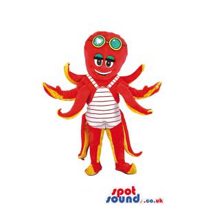 Octopus mascot in red colour with eight tentacles with shades -