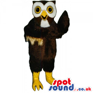 Dark Brown And White Owl Bird Mascot With Yellow Eyes - Custom