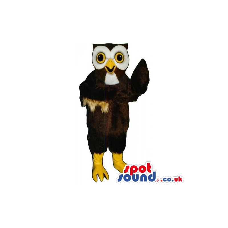 Dark Brown And White Owl Bird Mascot With Yellow Eyes - Custom