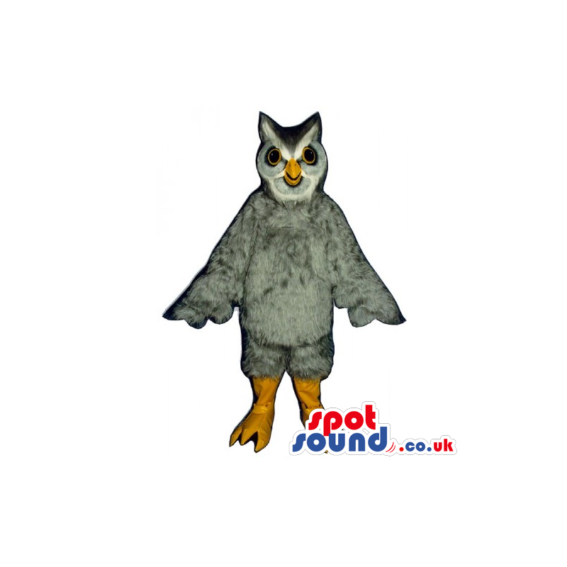 Grey And White Owl Bird Mascot With Small Eyes And Yellow Beak