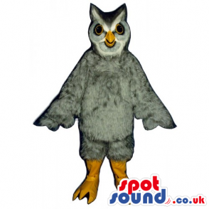 Grey And White Owl Bird Mascot With Small Eyes And Yellow Beak