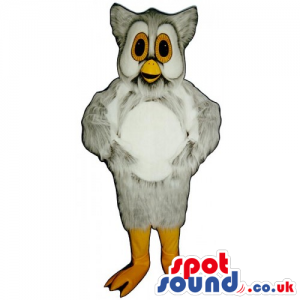 Cute Grey Owl Bird Mascot With A White Belly And Yellow Eyes -