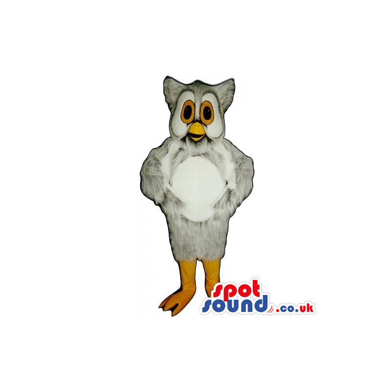 Cute Grey Owl Bird Mascot With A White Belly And Yellow Eyes -