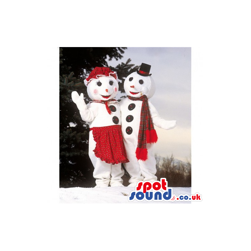 Snowman Mascot Couple Wearing Special Garments And Big Buttons