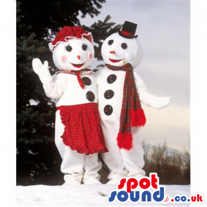 Snowman Mascot Couple Wearing Special Garments And Big Buttons