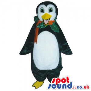 Customizable Penguin Animal Mascot With A Christmas Holy Ribbon