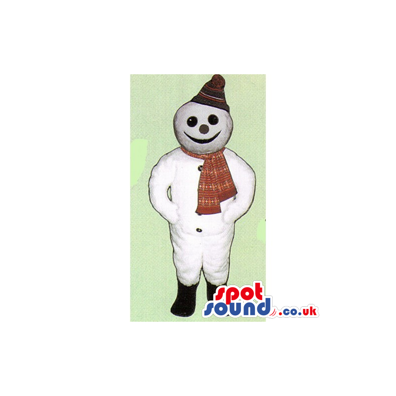Customizable Snowman Mascot Wearing A Winter Hat And Scarf -
