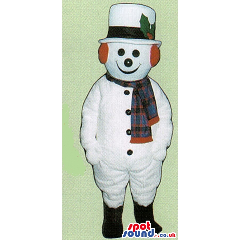 Snowman Mascot Wearing A Top Hat, Scarf And Ear Warmers -