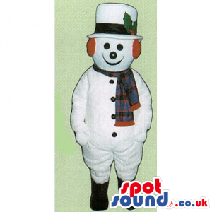 Snowman Mascot Wearing A Top Hat, Scarf And Ear Warmers -