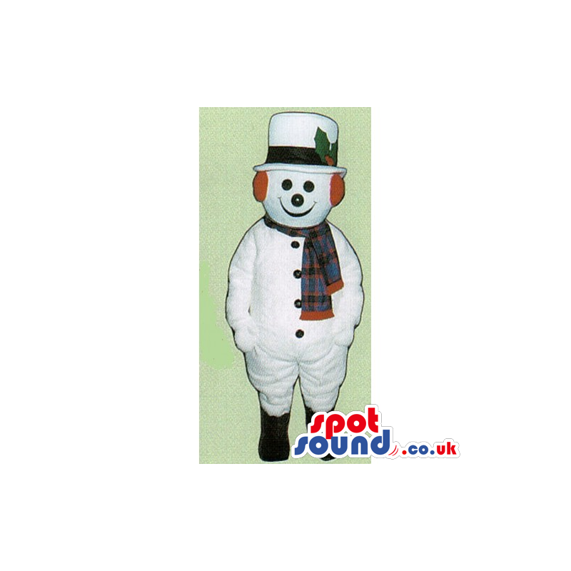 Snowman Mascot Wearing A Top Hat, Scarf And Ear Warmers -