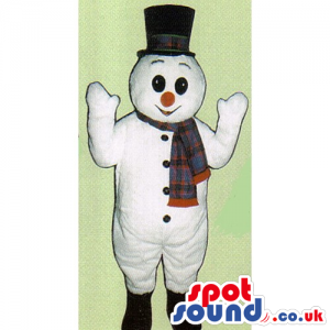 Snowman Mascot Wearing A Top Hat And A Winter Scarf - Custom