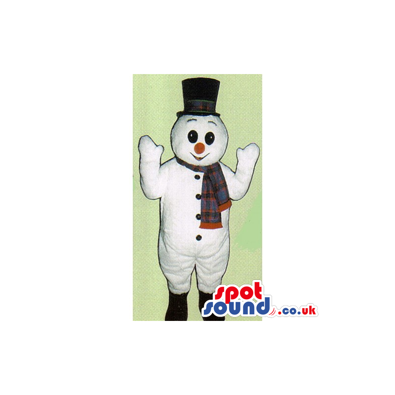 Snowman Mascot Wearing A Top Hat And A Winter Scarf - Custom