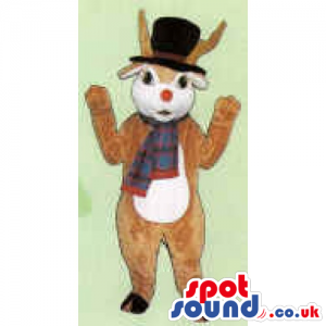 Reindeer Mascot With A White Belly Wearing A Scarf And Top Hat