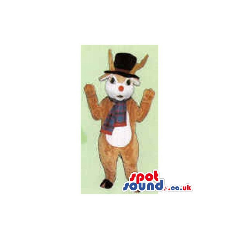 Reindeer Mascot With A White Belly Wearing A Scarf And Top Hat