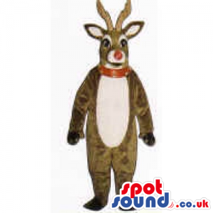 Reindeer Mascot With White Belly And A Red Collar And Nose -