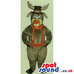 All Brown Reindeer Mascot Wearing A Top Hat And A Red Harness -