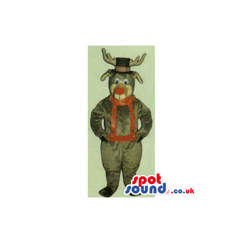 All Brown Reindeer Mascot Wearing A Top Hat And A Red Harness -