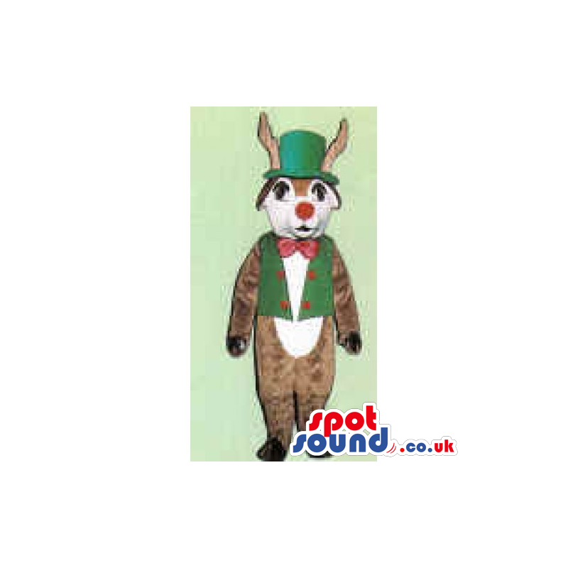 Reindeer Mascot Wearing A Top Hat, Vest And Bow Tie - Custom