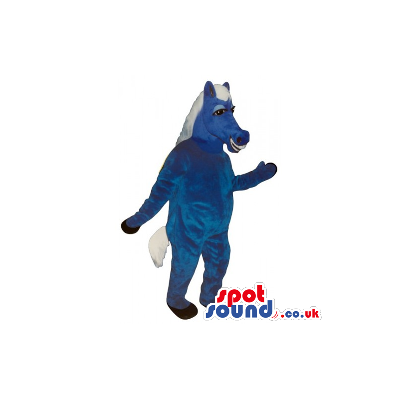 All Blue Donkey Mascot With White Hair With Funny Smile -