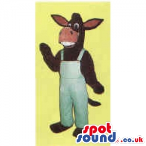 Brown Plush Donkey Mascot With Big Teeth Wearing Overalls -