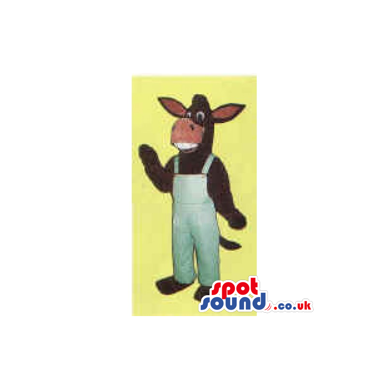 Brown Plush Donkey Mascot With Big Teeth Wearing Overalls -