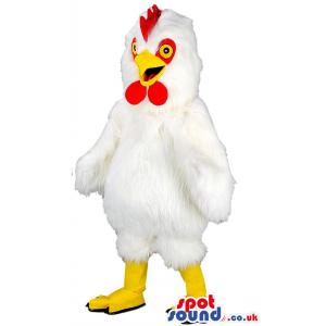 Cock mascot in a white furry outfit with yellow beak