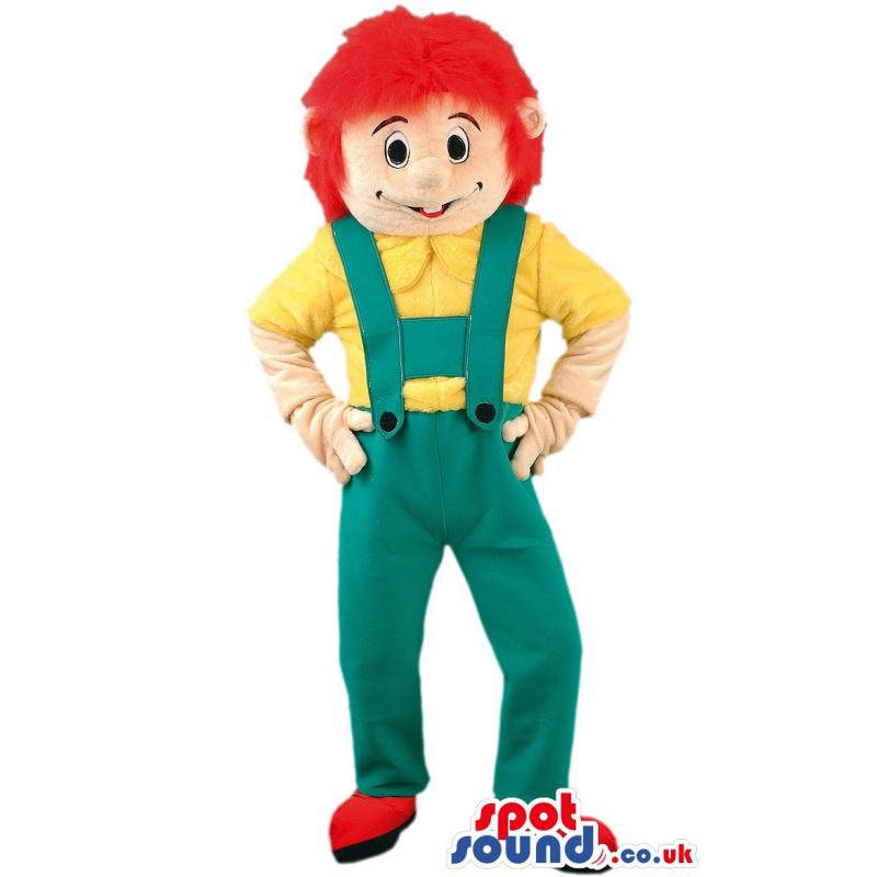 Boy mascot with red hair,green jumper and in yellow shirt -