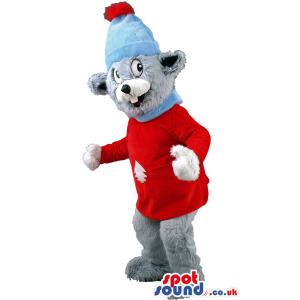 Teddy mascot with red t-shirt,blue cap and bunny teeth - Custom