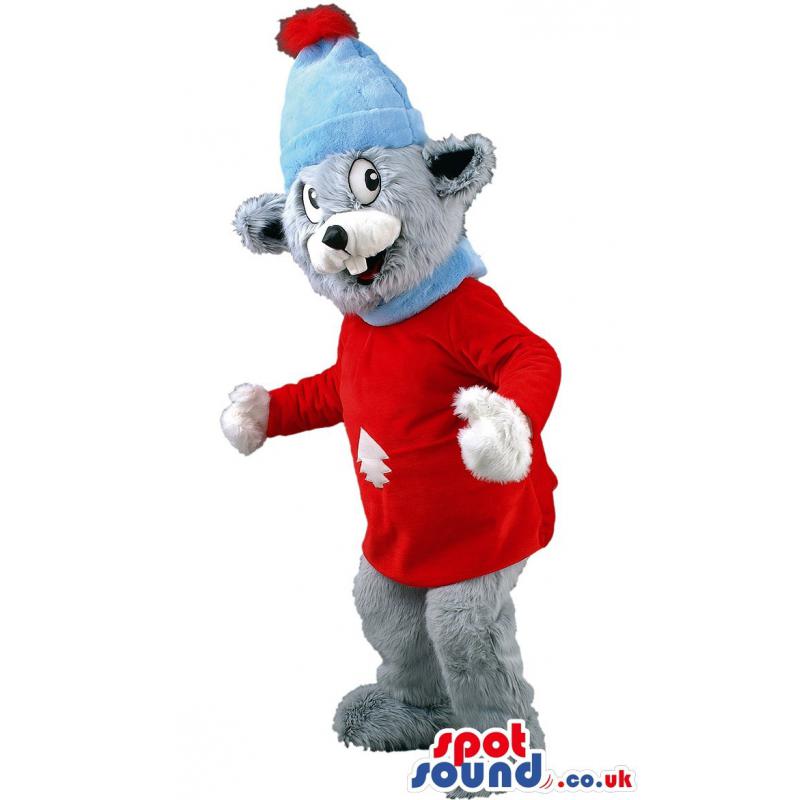 Teddy mascot with red t-shirt,blue cap and bunny teeth - Custom