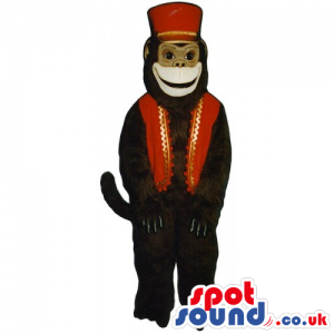 Brown Plush Monkey Animal Mascot Wearing Red Circus Garments -