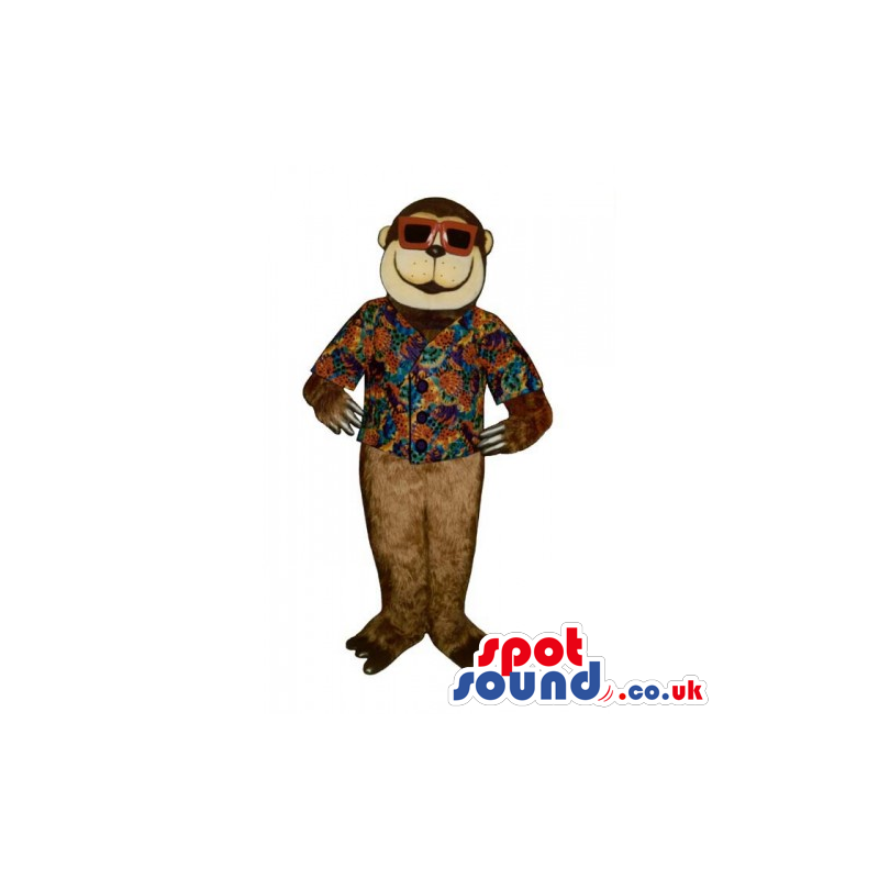 Brown Plush Monkey Mascot Wearing A Holiday Shirt And